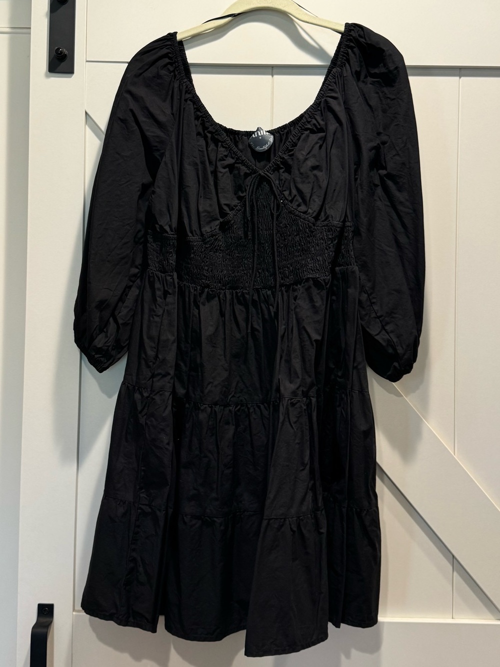 ARULA Black Smocked Tie Neck Puff Sleeve Dress